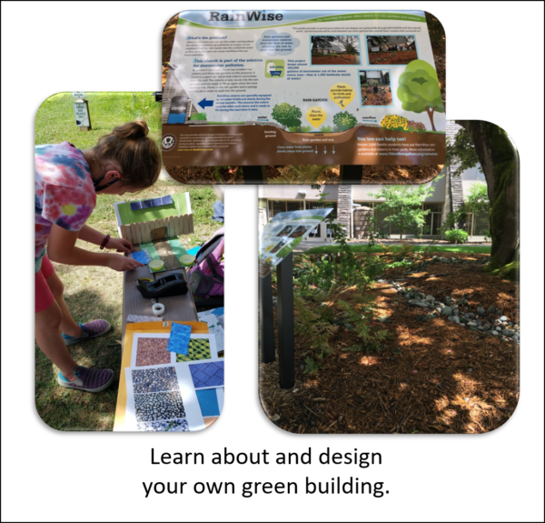 A photo collage of a girl working on a model green building and on real-world design elements of green buildings.