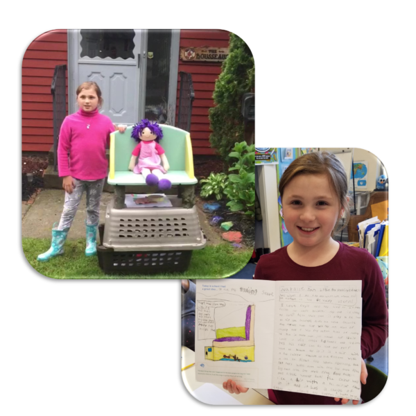 A girl standing next to her invention and holding up her book of ideas