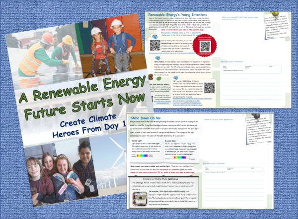 A collage of three pictures - the cover and two internal page spreads. All pictures highlight the connection between renewable energy, STEM, and innovation. There is a focus on picking examples that are relatable to kids.