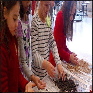 Three young girls do experiments with soil